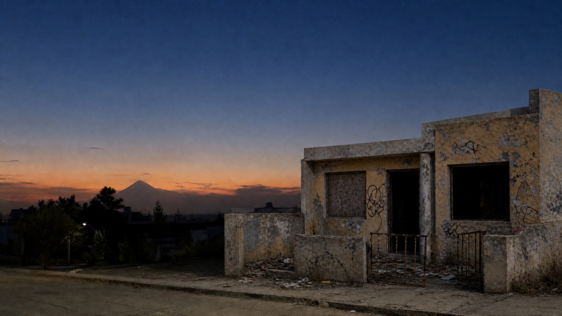 Antes: la misma casa abandonada, con grafiti y ventanas tapiadas